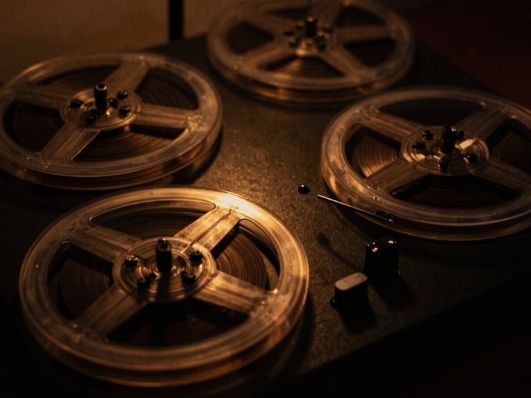 Close-up of a vintage tape machine's spinning reels, glowing amber lights, deep shadows, 35mm film grain, moody analog photography.