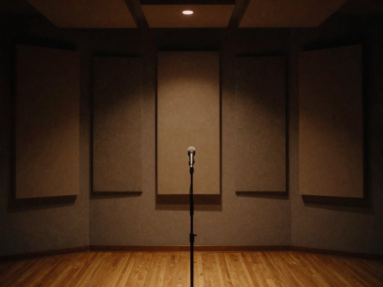Wide environmental shot of an empty live recording room, acoustic panels, low light, a single microphone stand in the foreground, moody atmosphere.