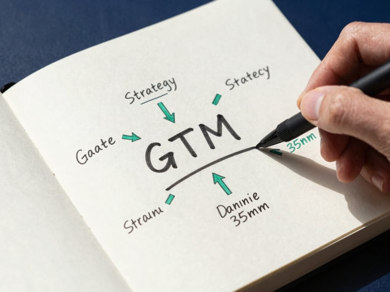 Close-up of a hand drawing a structured GTM strategy diagram in a physical notebook, crisp natural daylight, deep navy and emerald tones, sharp focus, 35mm