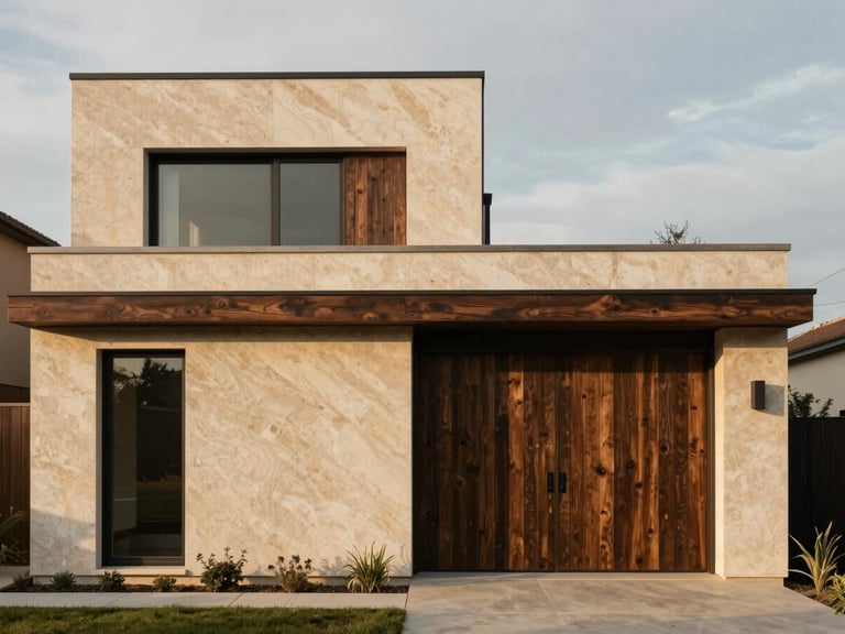 Straight-on elevation of a modern residence built from raw travertine and dark stained cedar, soft overcast daylight.