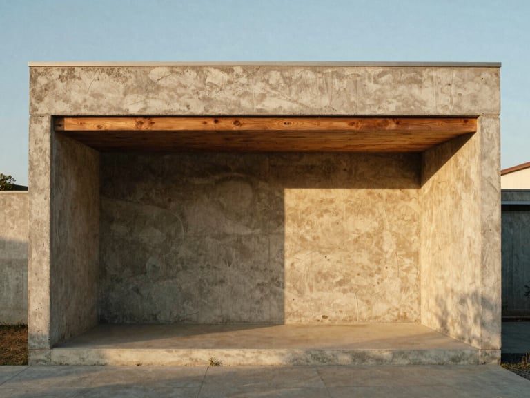 Straight-on architectural elevation of a concrete and timber pavilion, low-angle golden hour light casting long shadows across textured plaster, medium format film.