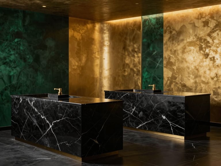 Elegant modern spa interior with minimalist black marble counters, golden accents, warm lighting, high contrast, editorial photography, 85mm