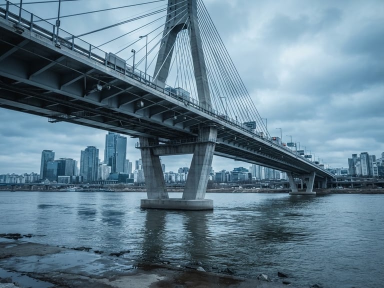 Wide environmental shot of a modern highway bridge crossing a river, shot from a low architectural angle, cool overcast daylight, desaturated steel blue tones.