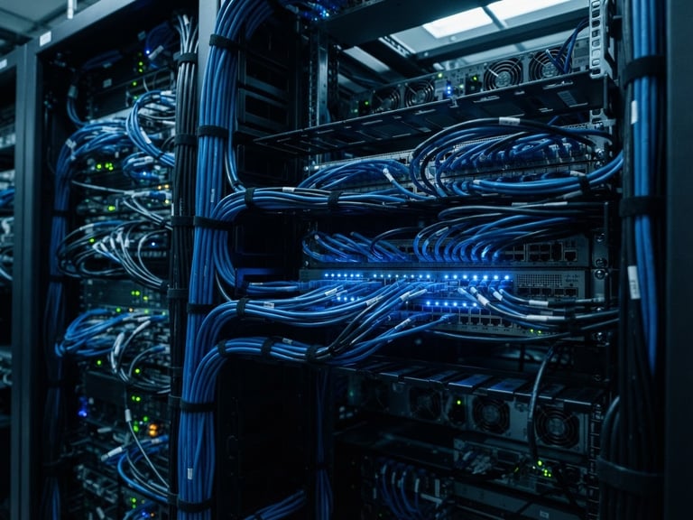 Macro shot of structured cabling and blue LED indicators in a modern server cabinet, cool industrial lighting, high-contrast 35mm