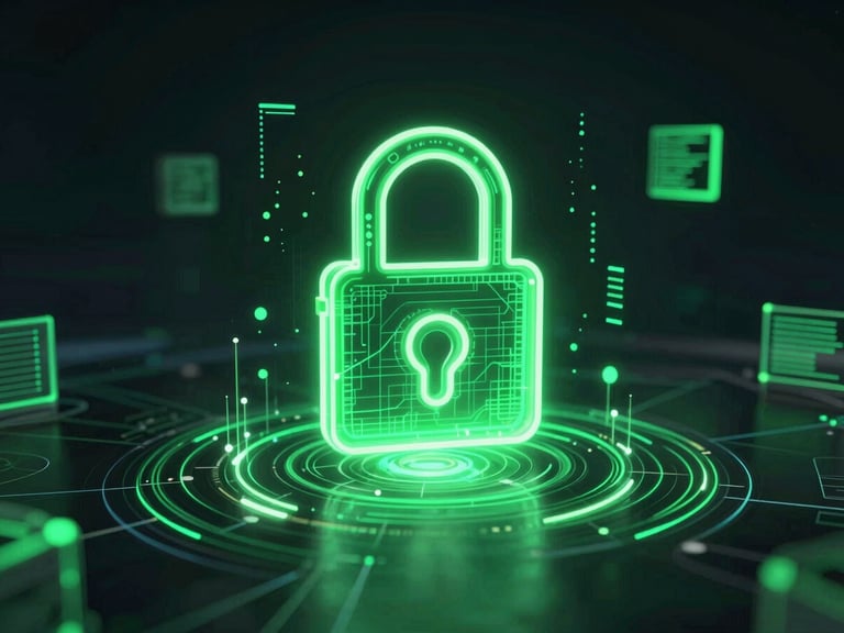 futuristic 3d render, glowing neon green holographic visualization of secure API integration and data encryption, abstract digital data flows, absolute dark background, glassmorphism, octane render, sharp focus