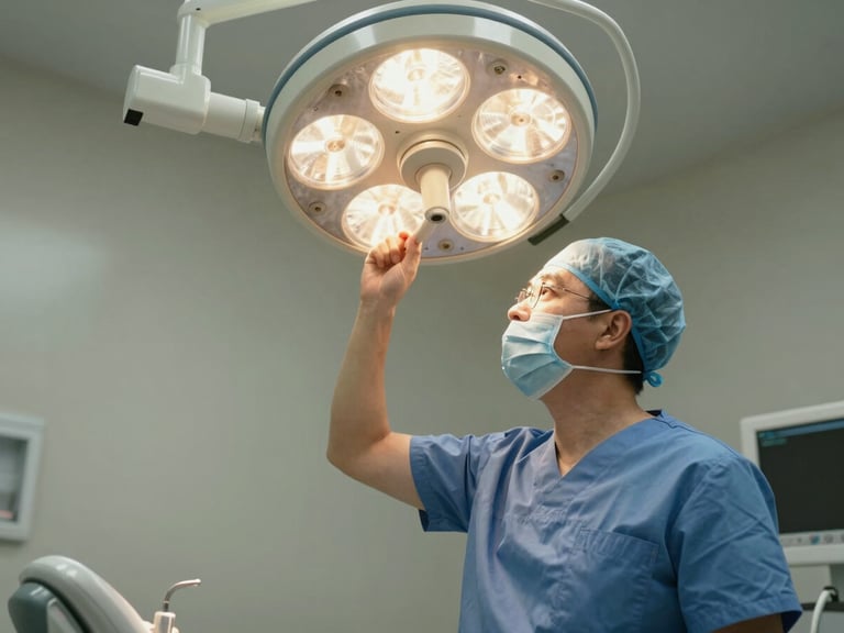 Medium shot of a dentist in sterile scrubs adjusting a modern overhead surgical light, soft warm illumination, focused clinical setting.