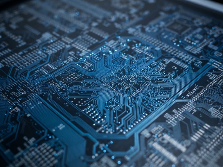 Crisp macro screenshot of a high-density multi-layer CAD routing interface, glowing blue trace paths on a deep slate background, 50mm lens focus.