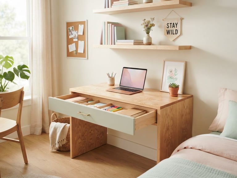 Bright editorial interior photograph of a teen's bedroom with a pastel-washed maple desk and floating shelves, natural morning light, soft shadows, no clutter. Focus on the wood grain texture, with a smart storage drawer slightly ajar.