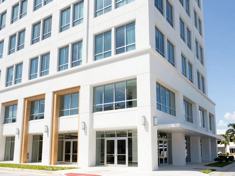 High-key architectural shot of a modern Florida commercial building, bright natural daylight, clean lines, professional environment