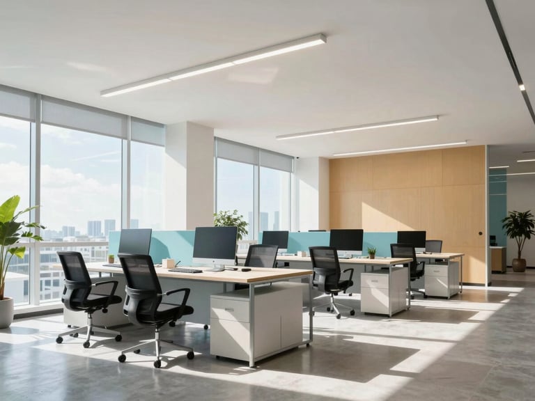 Bright editorial photography of a sunlit modern office interior in Florida, soft blue and amber accents, 35mm, wide angle.