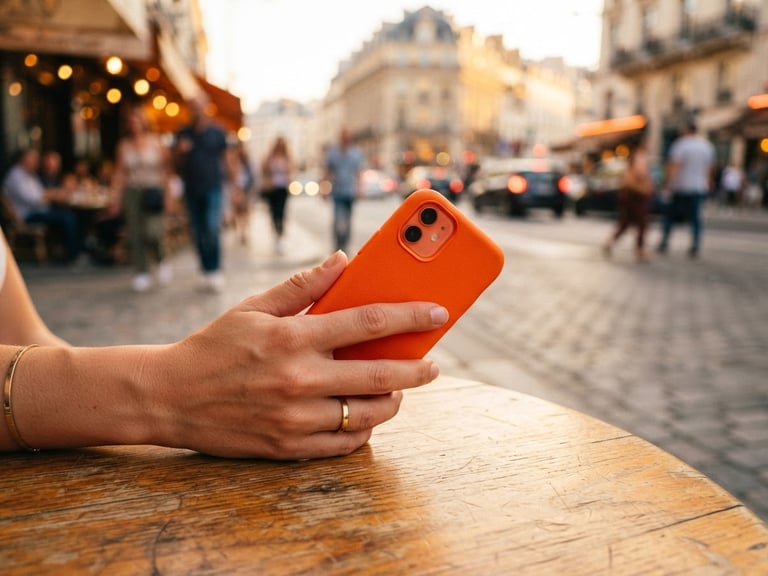 Close-up of a hand holding a vibrant orange phone case, resting on a warm wooden table with a blurred background of a bustling city street, golden hour natural light, vibrant saturated tones, shallow depth of field, 35mm lens.