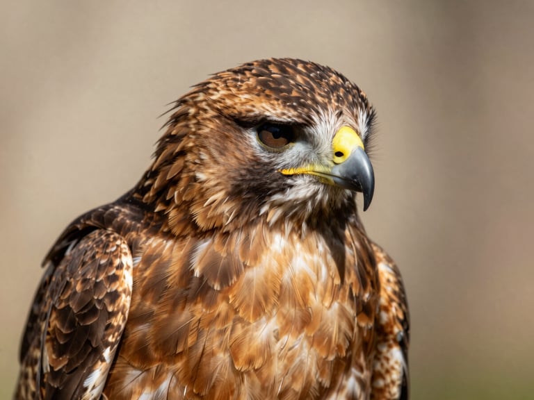 Intimate close-up portrait of a rescued hawk at Que Onda Rapaz sanctuary, soft outdoor light highlighting feather textures, shallow depth of field