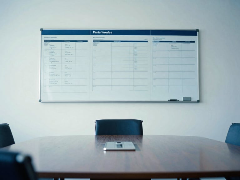 Crisp editorial photo of a clean corporate boardroom in Paris with a visible planning board on the wall, bright daylight, cool blue tones, 35mm
