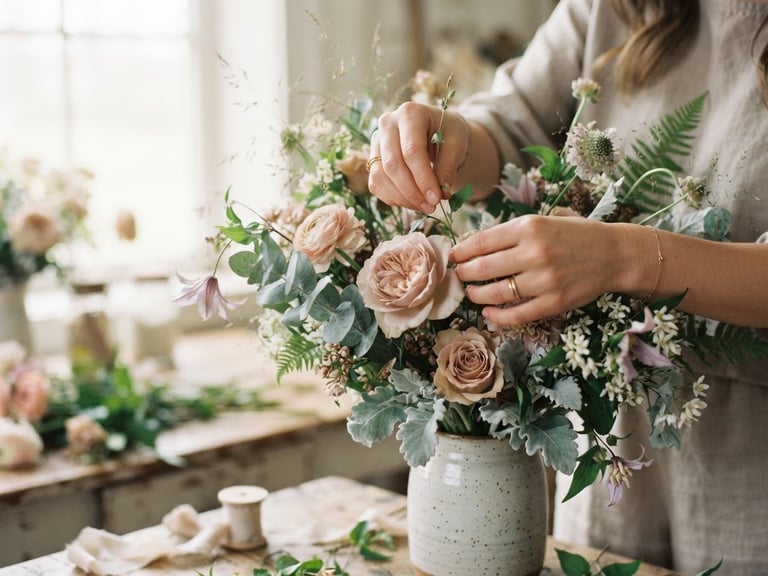 Elegant hands arranging rare seasonal stems under soft natural window light, muted blush and sage tones, shallow depth of field