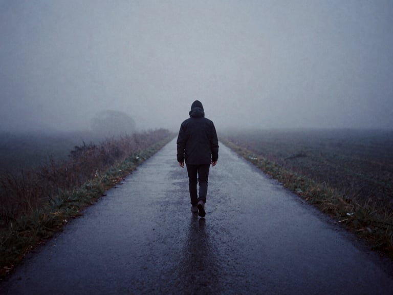 Solitary figure walking on a misty path, soft overcast daylight, reflective landscape, 35mm film grain, atmospheric.