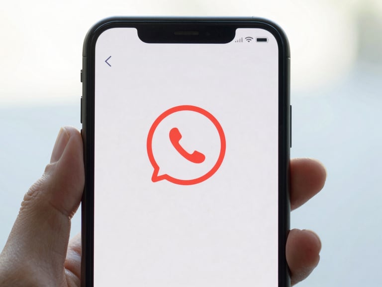 Close-up of a hand holding a smartphone, WhatsApp interface visible, with a subtle red warning icon overlay, bright natural daylight, clean white and blue tones, 35mm