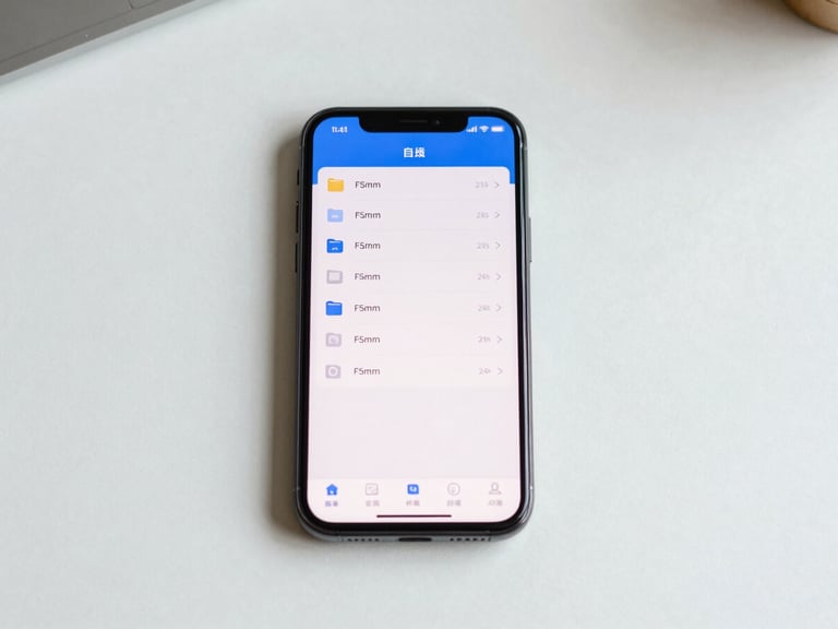 Top-down flat lay of a smartphone on a clean white desk, screen displaying a file explorer app with neatly organized folders and icons, bright natural daylight, 35mm.