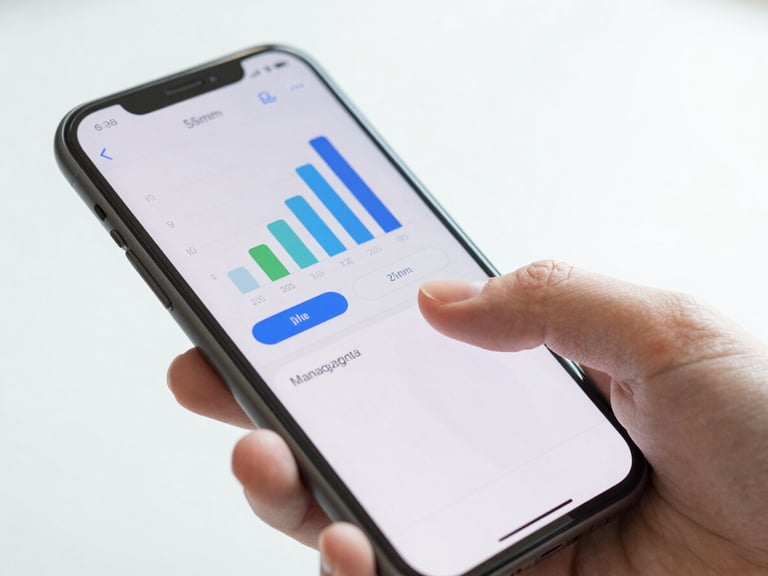 Close-up of a hand tapping on a smartphone screen showing a storage management app with clear, colorful bars, bright natural daylight, clean white and blue tones, 35mm.