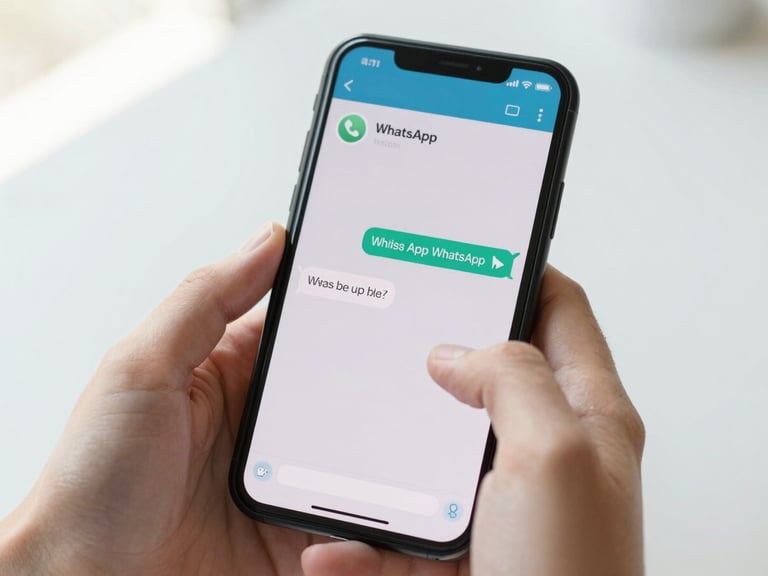 Close-up of hands holding a smartphone, showing a fake WhatsApp message with a suspicious link, bright natural daylight, clean white and blue tones