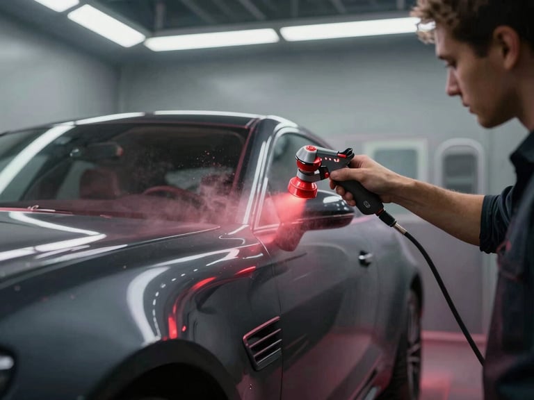 Close-up of a professional technician in a clean uniform spray painting a luxury car panel inside a glowing pressurized paint booth, red paint mist, sharp focus