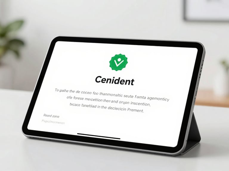 Close-up of a modern digital tablet displaying a secure, official certificate with a green verification badge, clean studio lighting, crisp focus.