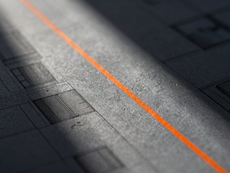 Extreme macro detail of a sharp slate gray architectural blueprint with a single safety-orange line, high-contrast directional natural light.
