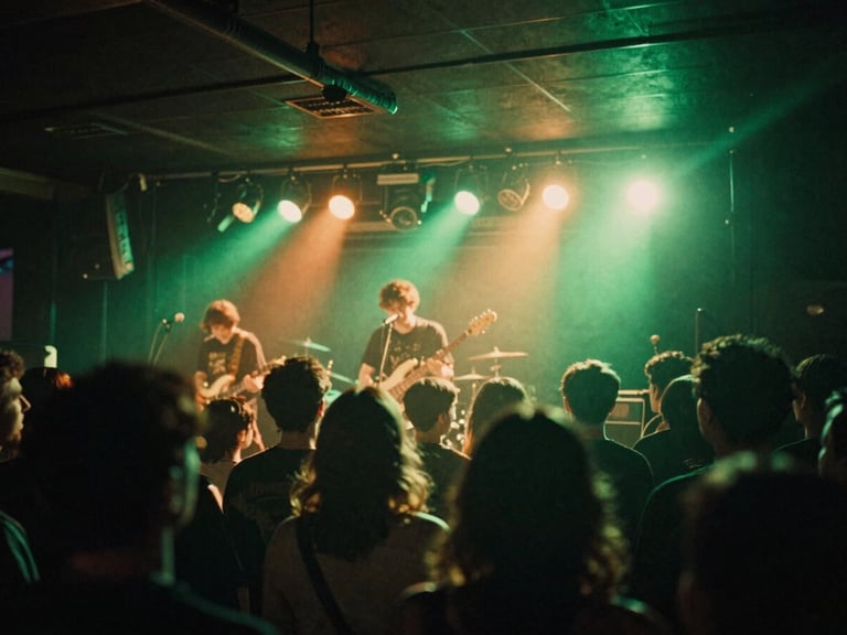 Low-angle gritty concert photography of an indie punk band performing under high-contrast neon green and amber stage lights, crowd in motion, motion blur, 35mm film style