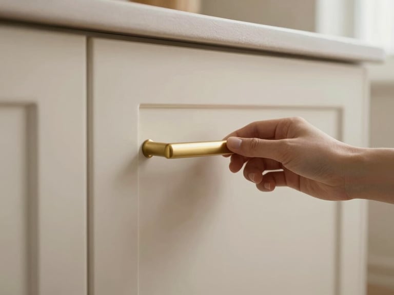 Close-up of a hand opening a cream kitchen cabinet with a minimalist matte brass handle, soft daylight.