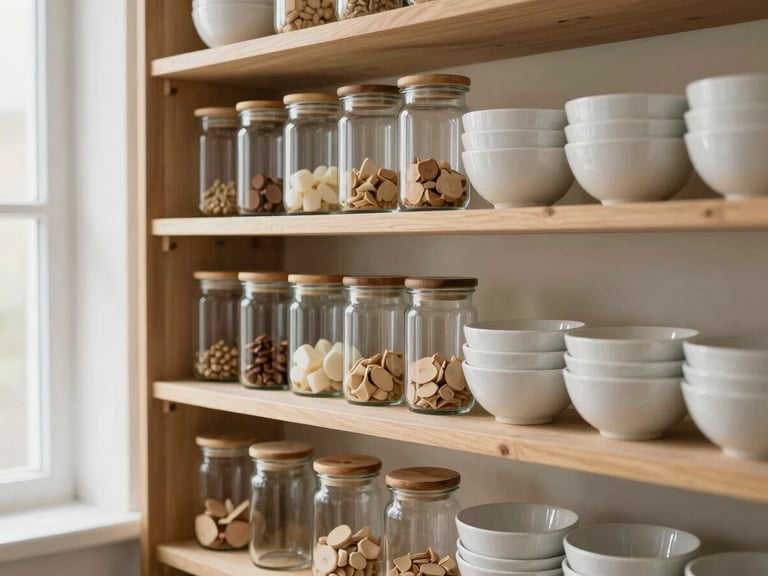 Bright, organized pantry shelves, clear glass jars with wooden lids, neatly stacked white ceramic bowls, soft natural light, warm minimalist aesthetic.