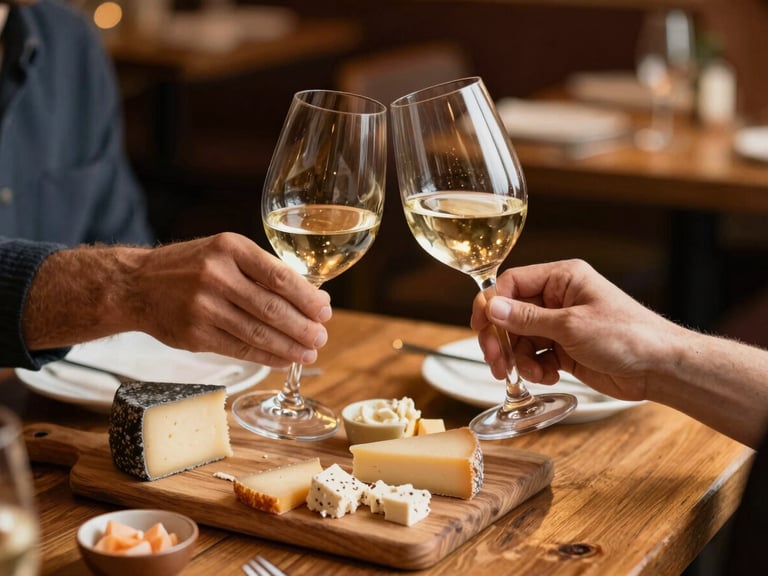 Candid close-up of hands sharing a cheese board and clinking wine glasses over a rustic wooden table, warm ambient restaurant lighting, shallow depth of field