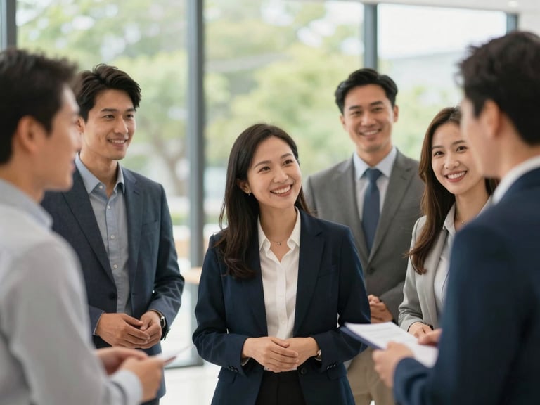 Medium shot of diverse professionals actively participating in an outdoor team-building activity, smiling and collaborating, lush green background, bright natural light, editorial 35mm.