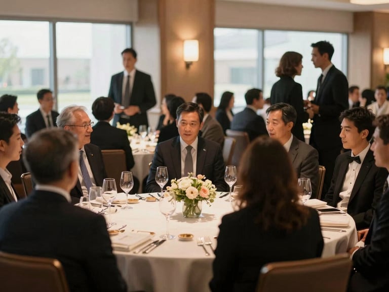 Wide environmental shot of an elegantly decorated corporate gala dinner, round tables with subtle lighting, professionals in formal attire networking, warm ambient light, editorial 35mm.