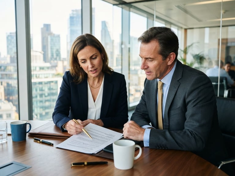 Professional B2B meeting in a modern office, two executives reviewing a contract, bright natural light, clean corporate blue and warm gold tones, sharp focus.