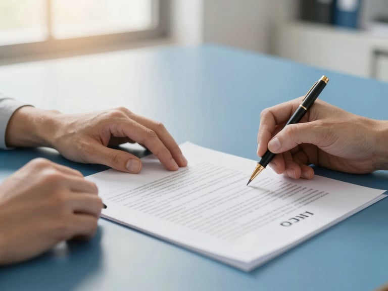 Close-up of a signed contract being reviewed by two hands, bright natural light, clean corporate blue and warm gold tones, sharp focus, wide aspect ratio.
