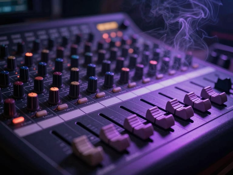Extreme close-up of a high-end analog mixing console in a dark room, faders illuminated by a sharp electric purple neon light from the side, smoke swirling in the background, cinematic chiaroscuro.