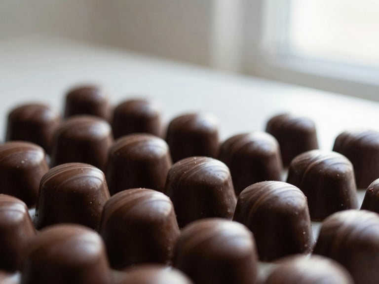 Close-up of perfectly tempered chocolate bonbons, glossy finish reflecting soft natural light, minimalist background, elegant editorial photography.