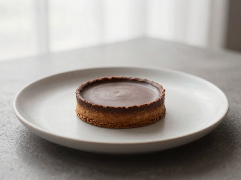 Minimalist plated dessert, plant-based chocolate tart, elegant editorial photography, soft natural window light, muted earth tones, minimalist composition, macro lens, shallow depth of field