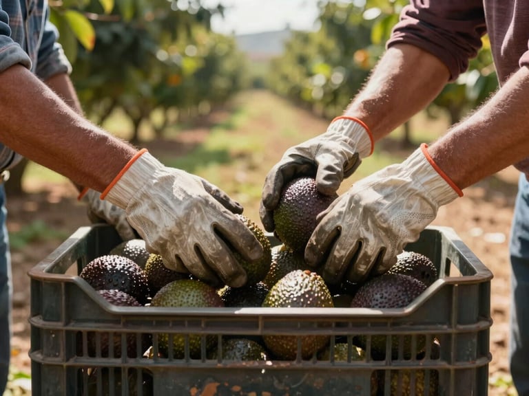 Close-up of harvest workers' gloved hands placing ripe Hass avocados into a labeled field crate, orchard row visible in the background under warm natural daylight, Mascota Jalisco terrain