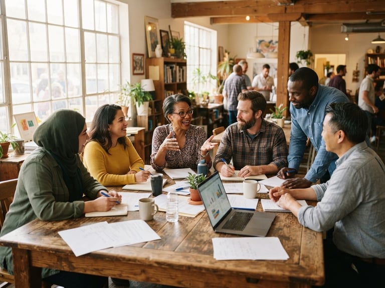Warm editorial, wide-angle photograph of community leaders collaborating around a wooden table in a sunlit room, soft natural daylight, rich organic tones, 35mm film aesthetic.