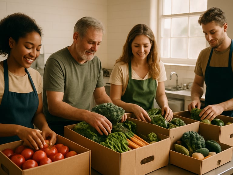 Volunteers organizing fresh organic produce in a clean, sunlit community kitchen, natural lighting, 35mm film aesthetic.