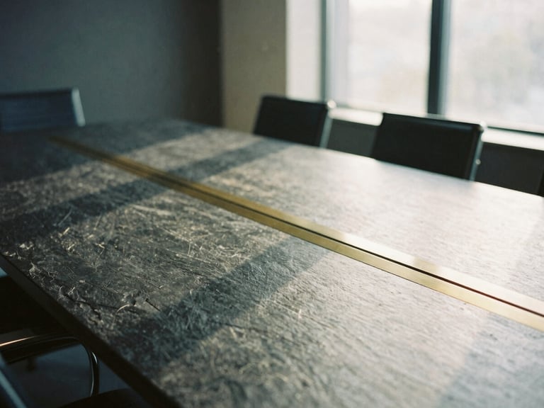 Architectural crop of a modern boardroom with natural light reflecting on a slate table, soft warm shadows, editorial 35mm photography