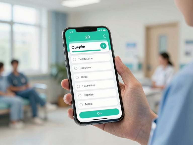 High-fidelity mobile app mockup showing a quiz interface with multiple choice questions, a timer, and a progress bar, in a nurse's hands in a hospital breakroom, bright natural daylight
