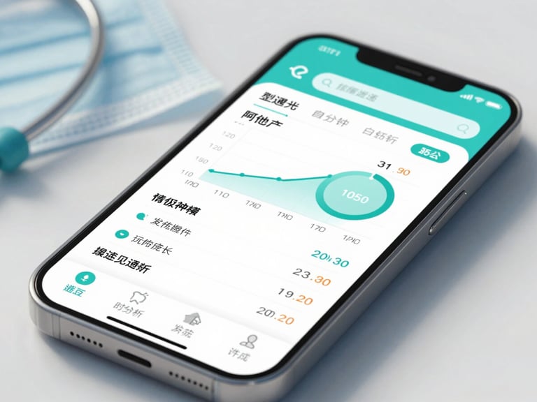 High-fidelity mobile app mockup showing a detailed progress chart with performance metrics and topic-specific scores, on a smartphone screen, professional medical blue and teal tones, shallow depth of field