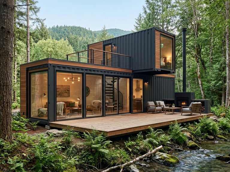 Casa ou chalés integrado à muita natureza.