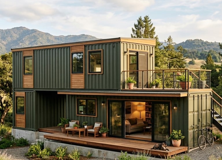Casa em container com dois andares, varanda, deck em madeira.