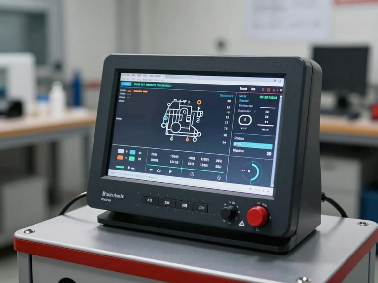 Sharp industrial photography of a clean, modern diagnostic tool screen displaying active engine data inside an organized London Ontario workshop, crisp lighting, shallow depth of field