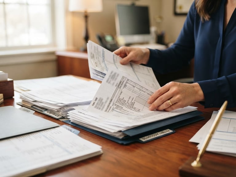 Close-up of hands organizing structured medical billing paperwork on a clean mahogany desk, warm natural office daylight, shallow depth of field, 35mm