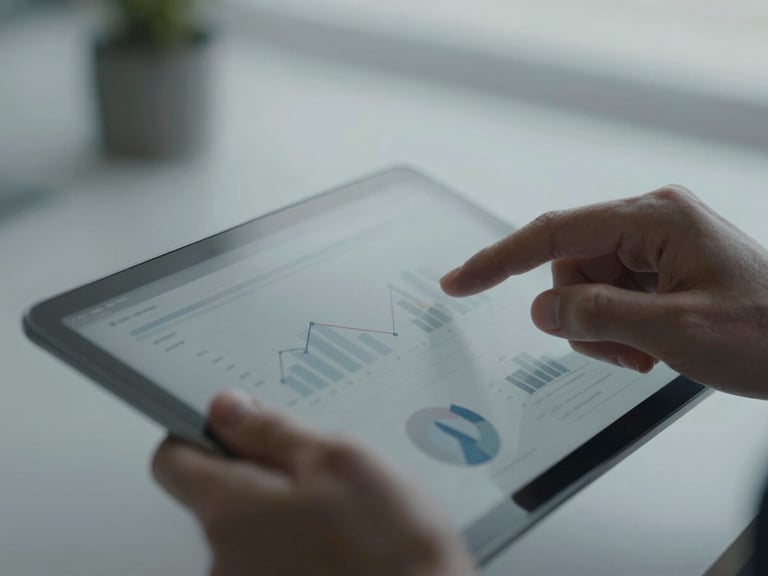 Extreme close-up of hands reviewing structured business diagrams on a tablet, cool overcast daylight, desaturated slate tones, 35mm lens