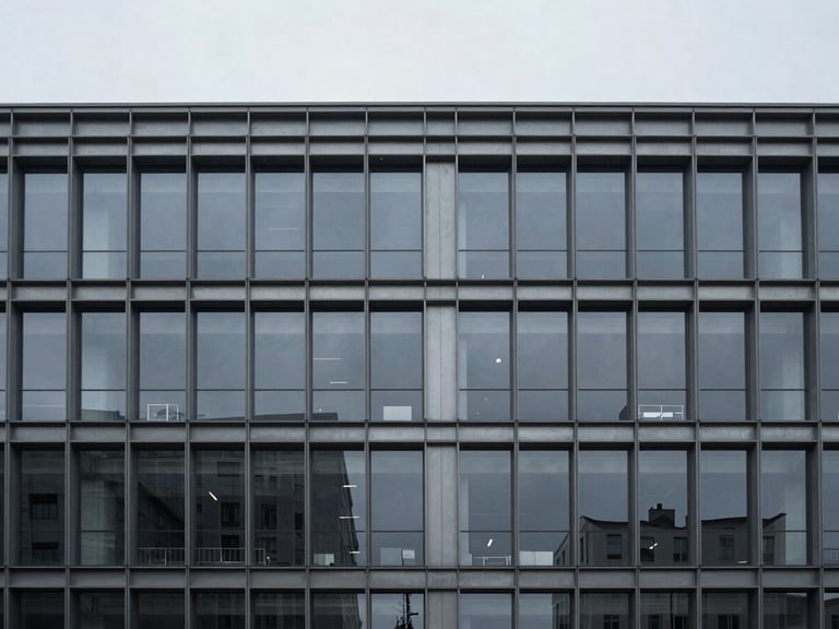 Wide environmental architectural shot of a minimalist corporate office building exterior, cool overcast daylight, desaturated slate and steel tones, 35mm lens