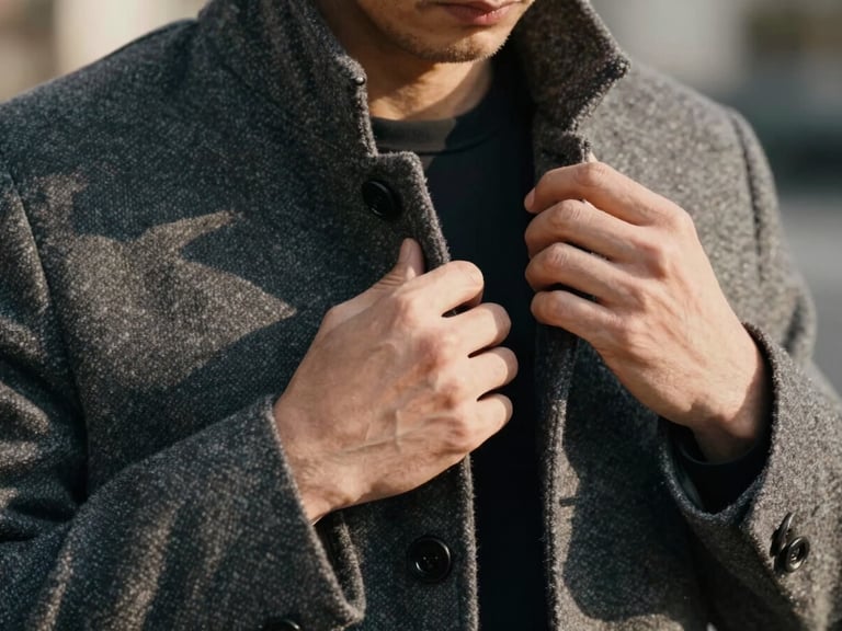 Cinematic medium close-up of a man's hands adjusting the collar of a textured wool overcoat, soft natural light, warm shadows, premium streetwear aesthetic.